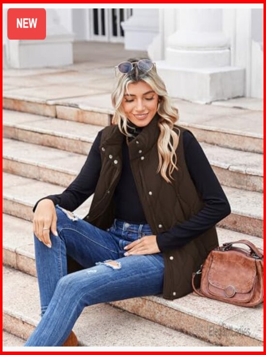 Women's Sleeveless Puffer Vest Quilted Jacket Lightweight Snap Zip Up - Picture 4 of 7